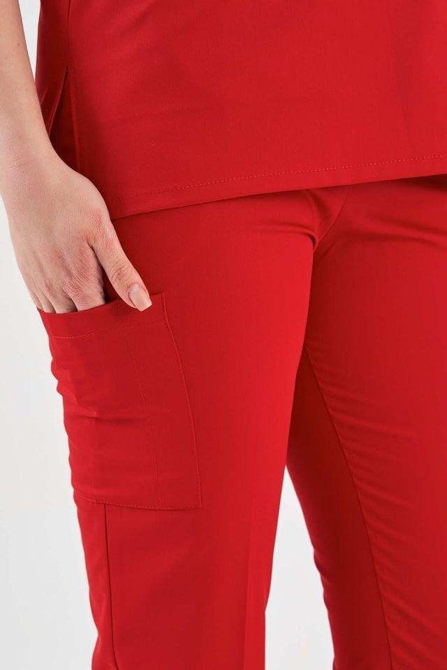 Likralı Kırmızı Fermuar Detaylı Scrubs Takım