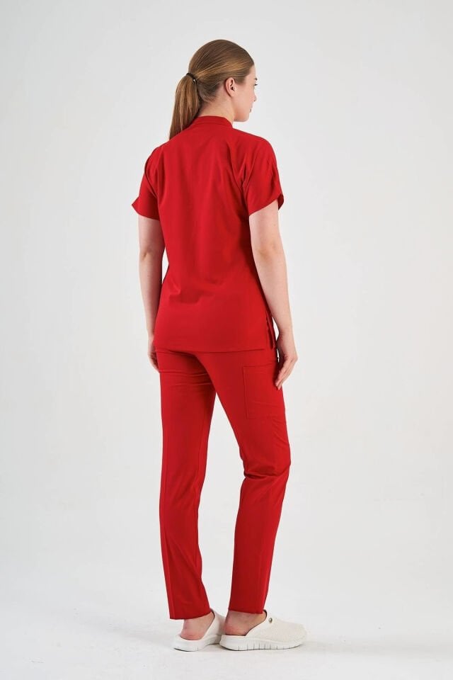 Likralı Kırmızı Fermuar Detaylı Scrubs Takım
