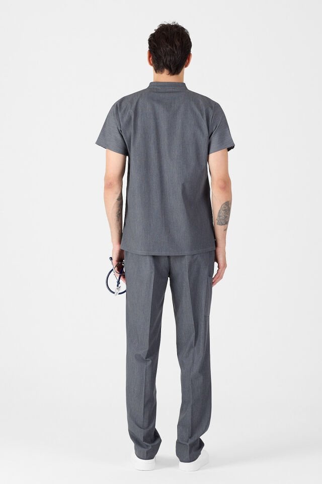 Likralı Gri Kot Görünümlü Hakim Yaka Scrubs