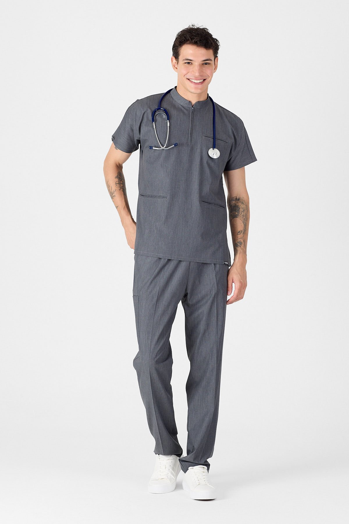 Likralı Gri Kot Görünümlü Hakim Yaka Scrubs