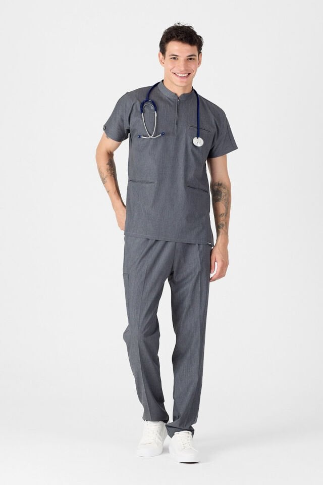 Likralı Gri Kot Görünümlü Hakim Yaka Scrubs