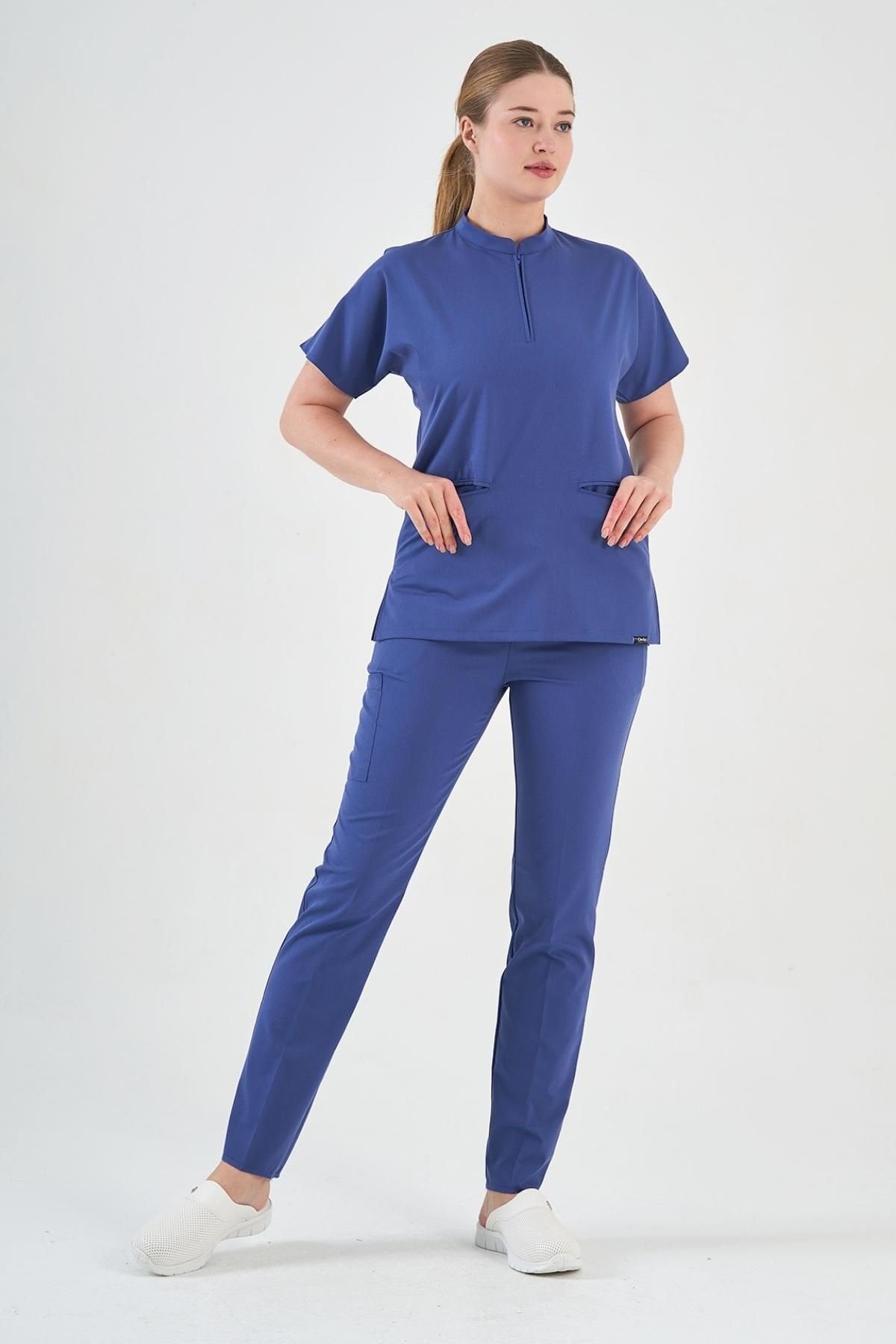 Likralı Morcivert Fermuar Detaylı Scrubs - Owlet Medikal