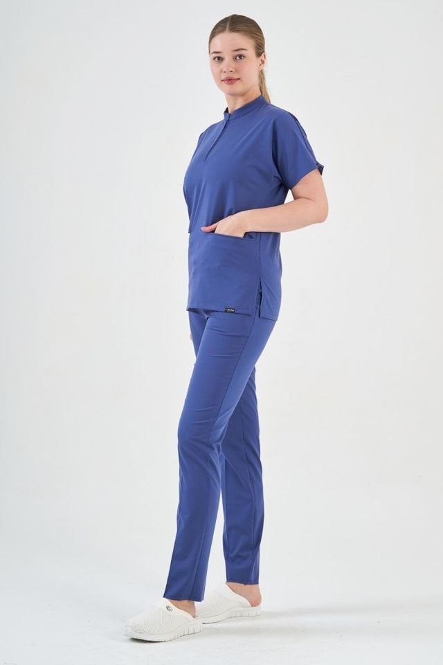 Likralı Morcivert Fermuar Detaylı Scrubs