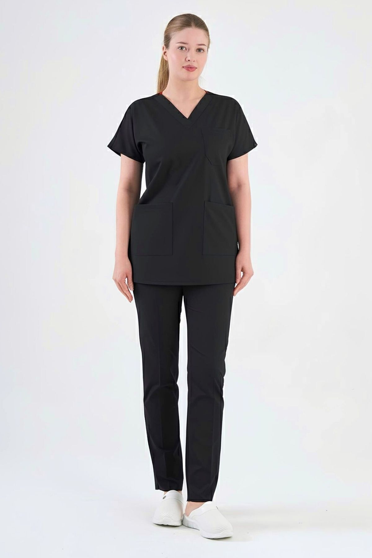 Likralı Siyah Kısa Kol Tunik Boy Scrubs Forma