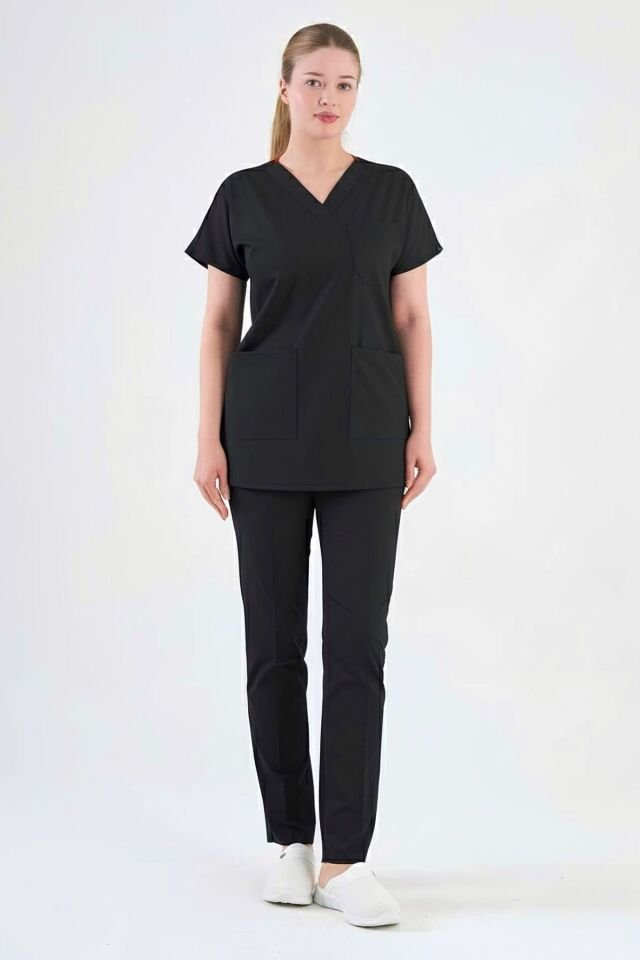 Likralı Siyah Kısa Kol Tunik Boy Scrubs Forma