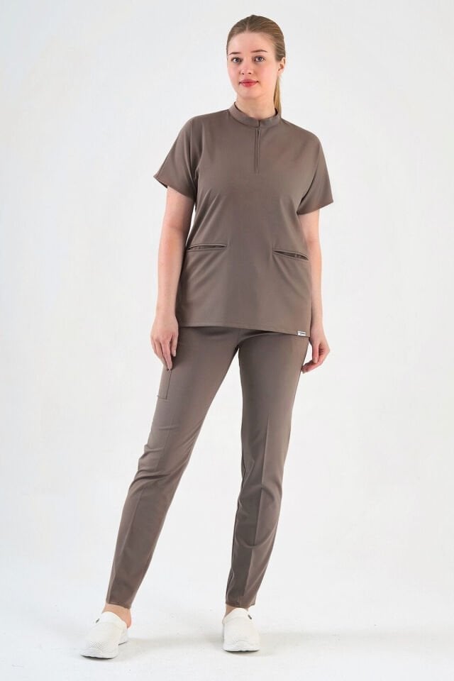 Likralı Koyu Vizon Fermuar Detaylı Cerrahi Takım