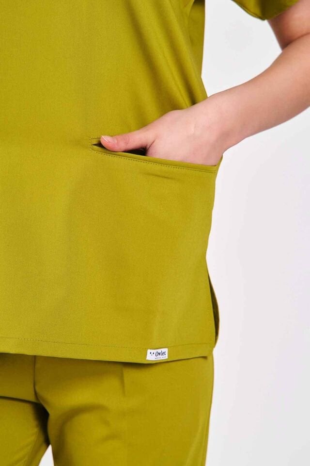 Likralı Yağ Yeşili Fermuar Detaylı Scrubs