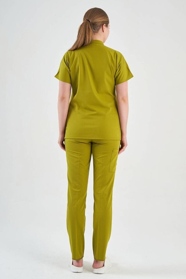 Likralı Yağ Yeşili Fermuar Detaylı Scrubs