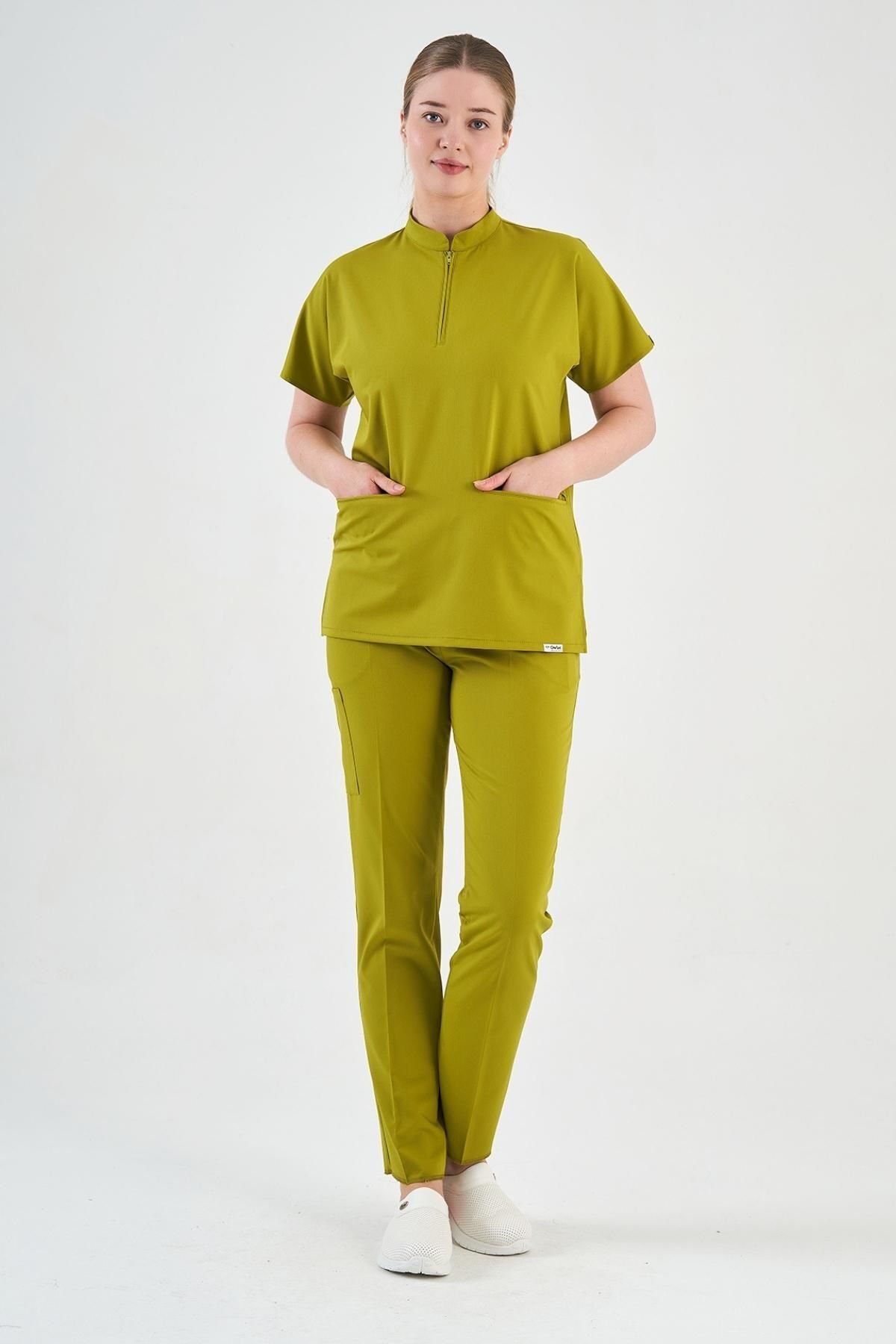 Likralı Yağ Yeşili Fermuar Detaylı Scrubs