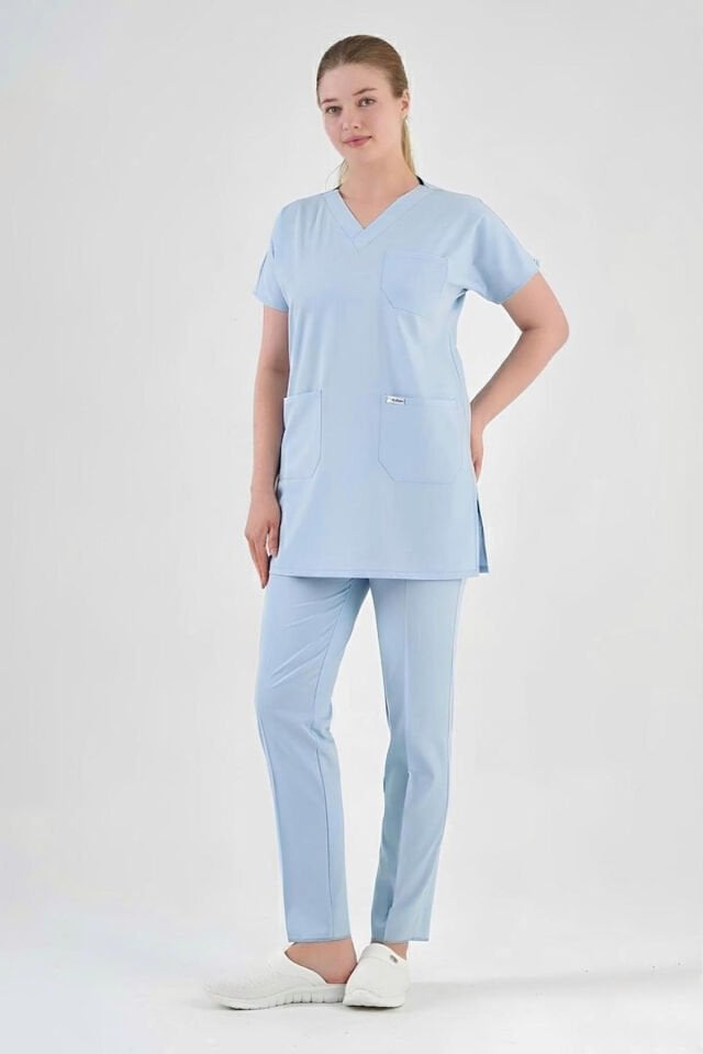 Likralı Bebe Mavisi Kısa Kol Tunik Boy Scrubs