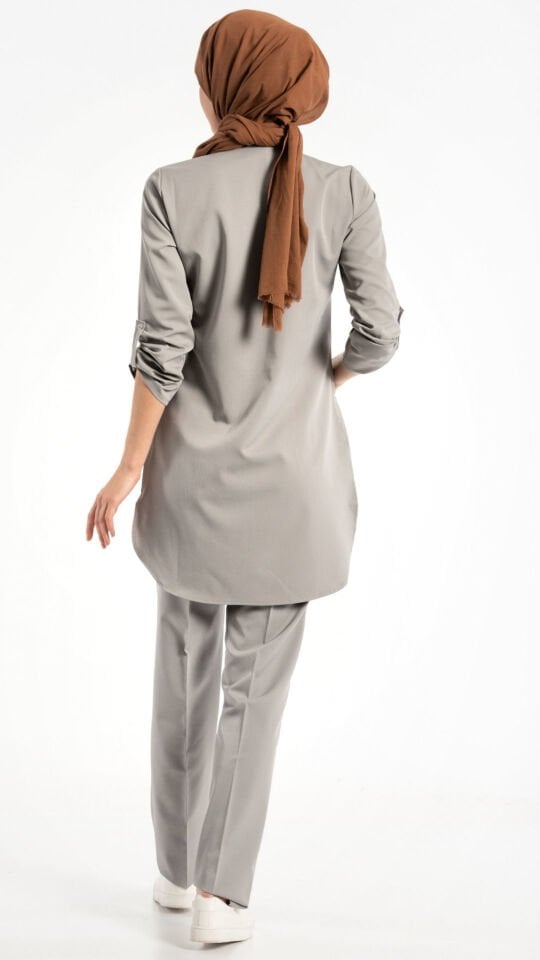 Likralı Açık Gri Cerrahi Tesettür Takım
