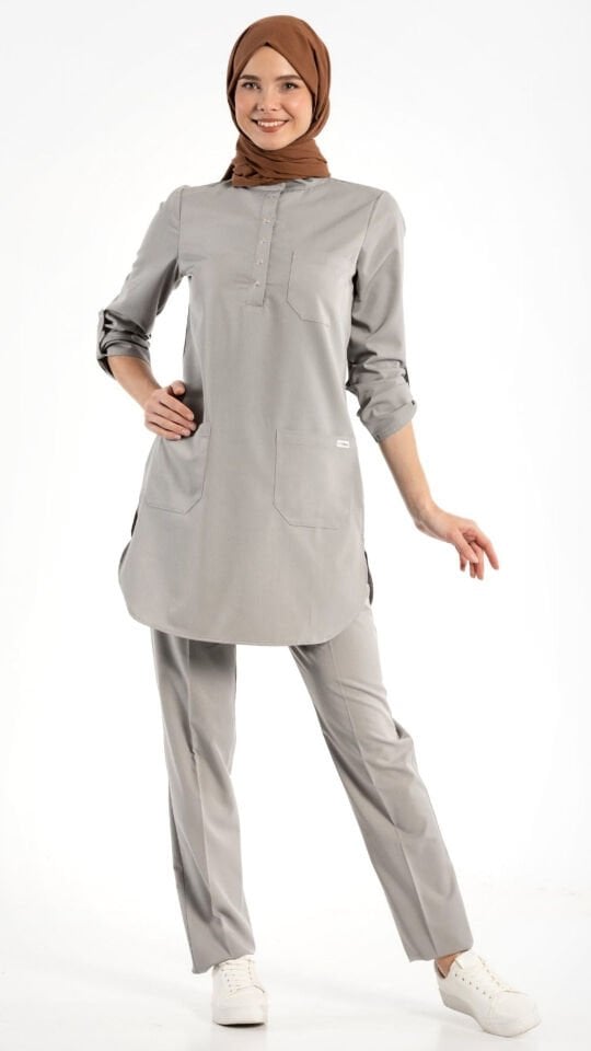 Likralı Açık Gri Cerrahi Tesettür Takım