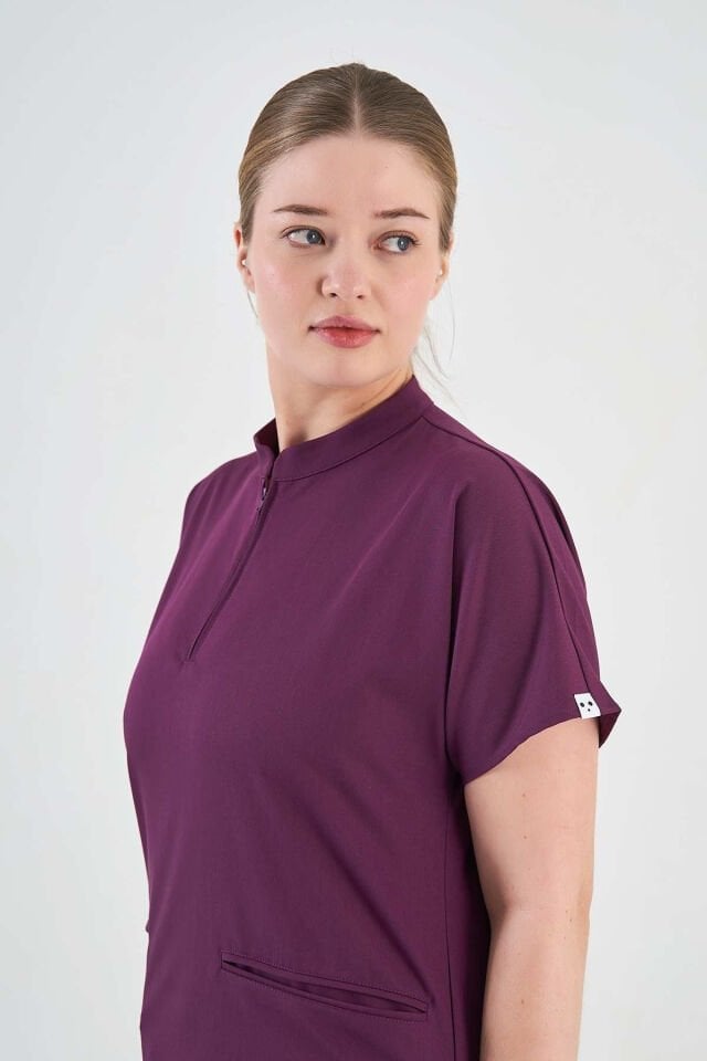 Likralı Mürdüm Fermuar Detaylı Cerrahi Takım