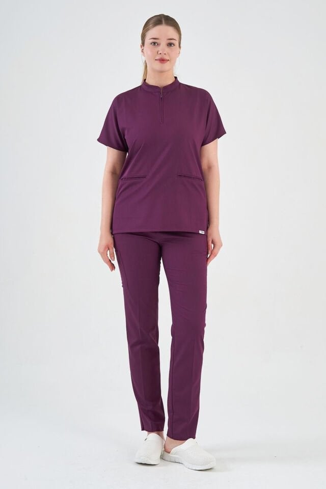 Likralı Mürdüm Fermuar Detaylı Cerrahi Takım