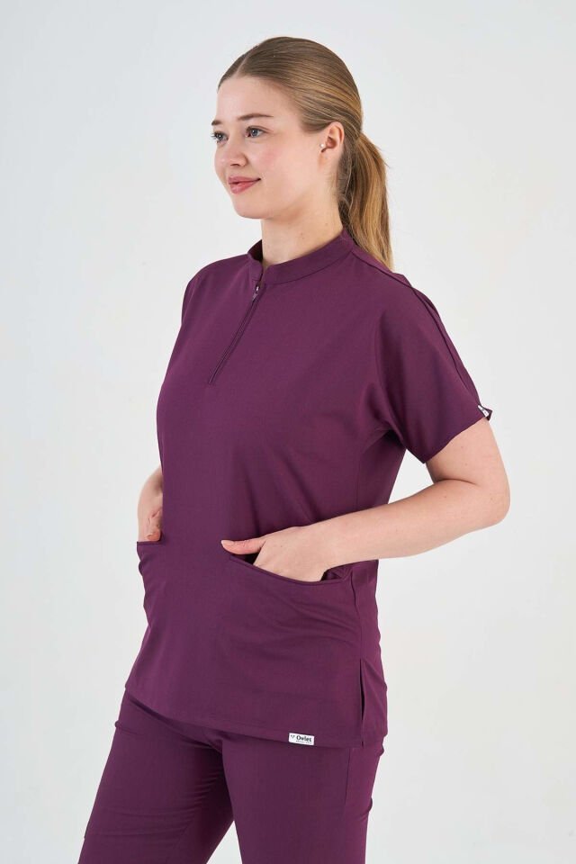 Likralı Mürdüm Fermuar Detaylı Cerrahi Takım