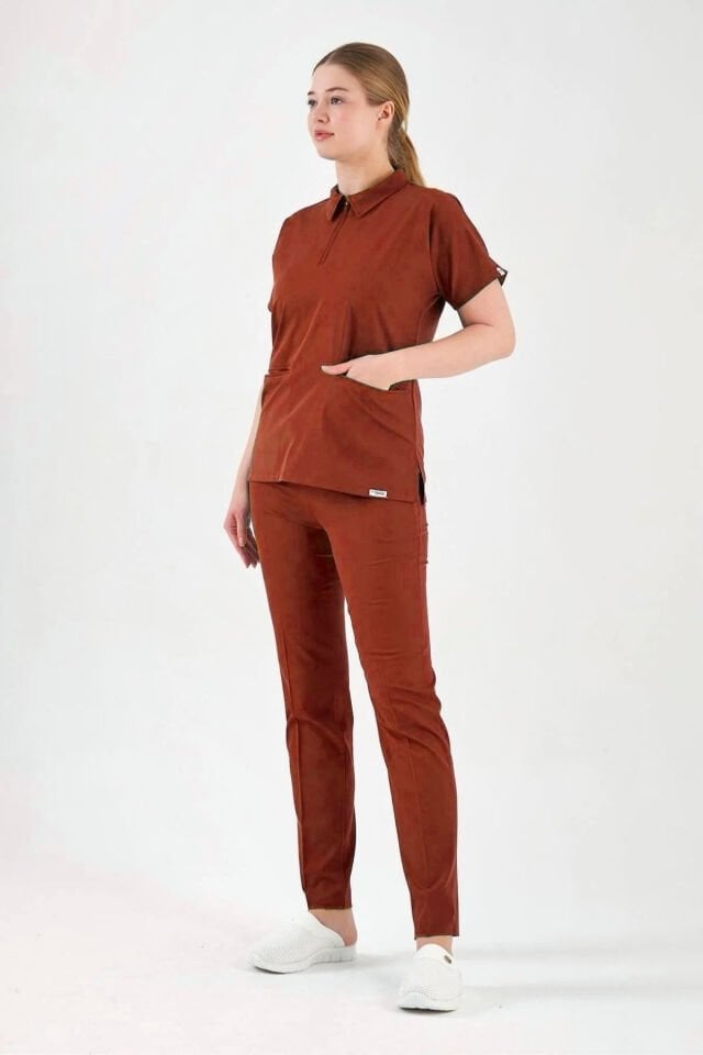 Likralı Koyu Kiremit Polo Yaka Takım