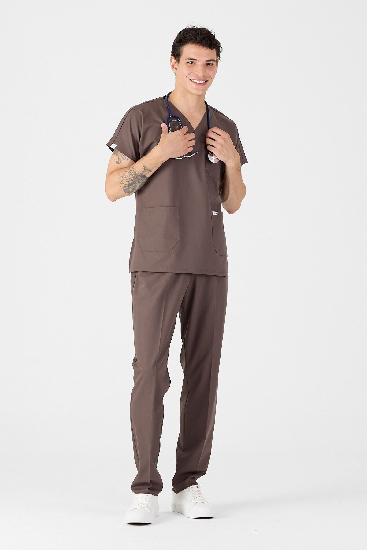 Likralı Kahverengi Scrubs Forma