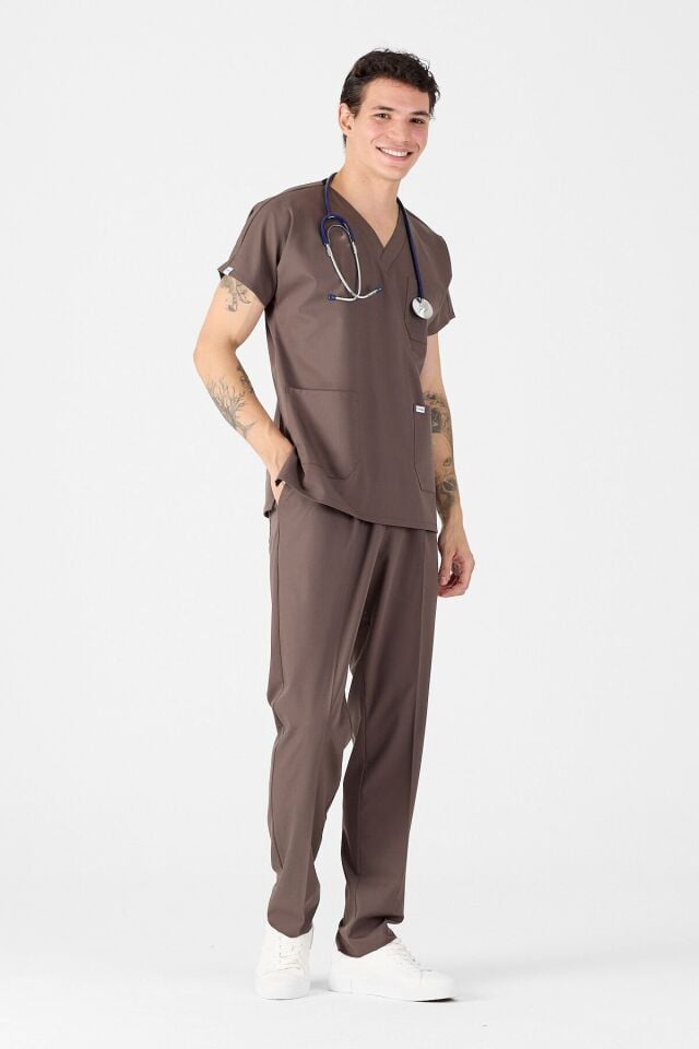 Likralı Kahverengi Scrubs Forma - Owlet Medikal