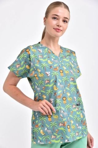 Hayvanat Bahçesi Desenli Cerrahi Forma Üst