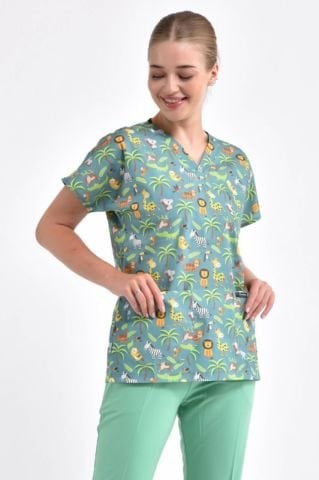 Hayvanat Bahçesi Desenli Cerrahi Forma Üst