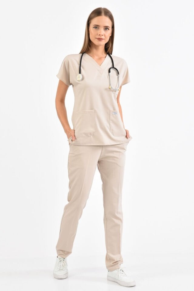 Bej Likralı Scrubs Forma