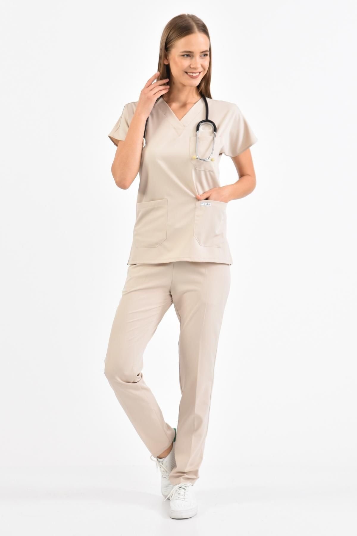 Bej Likralı Scrubs Forma