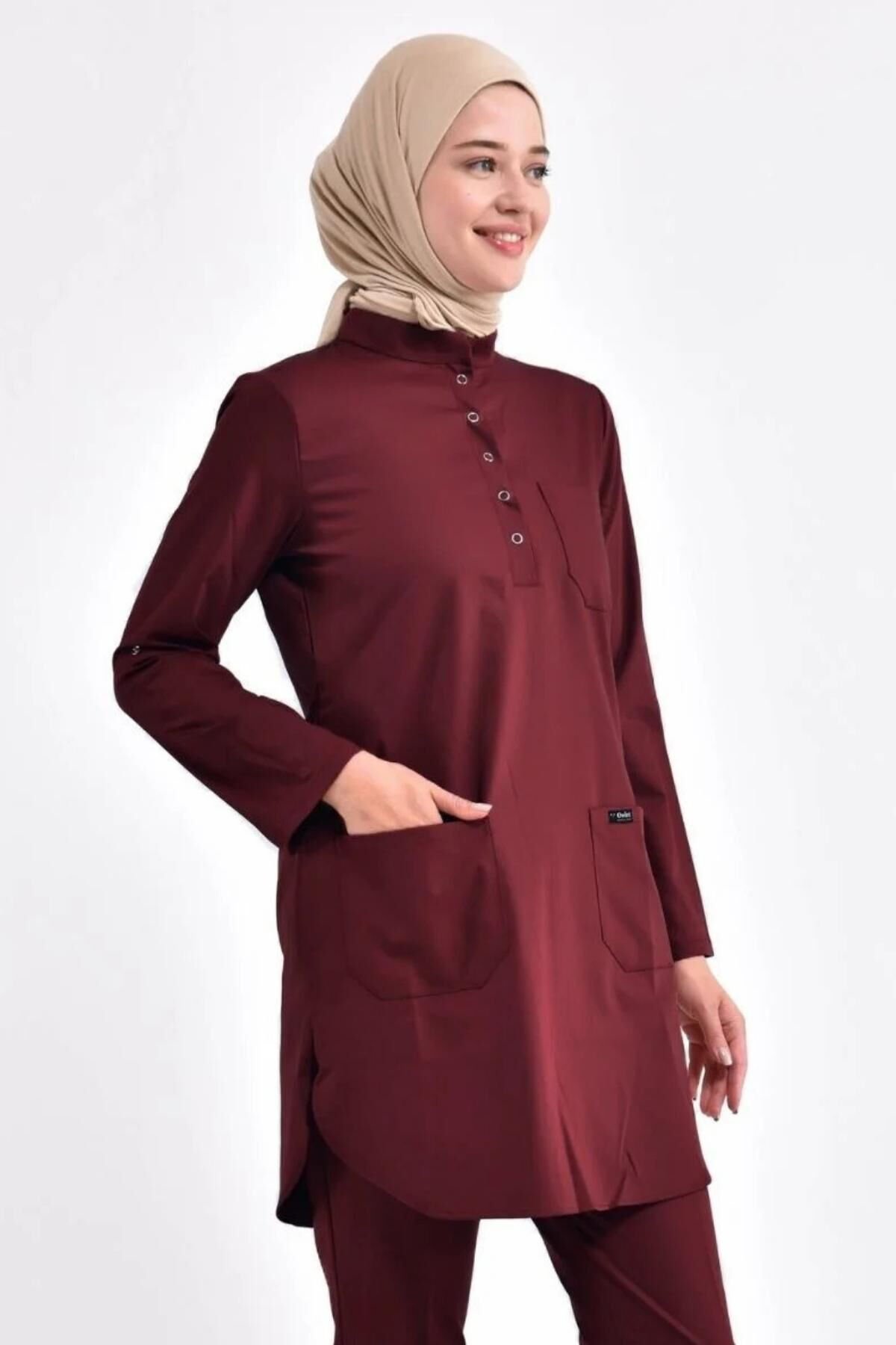 Bordo Likralı Tesettür Üst