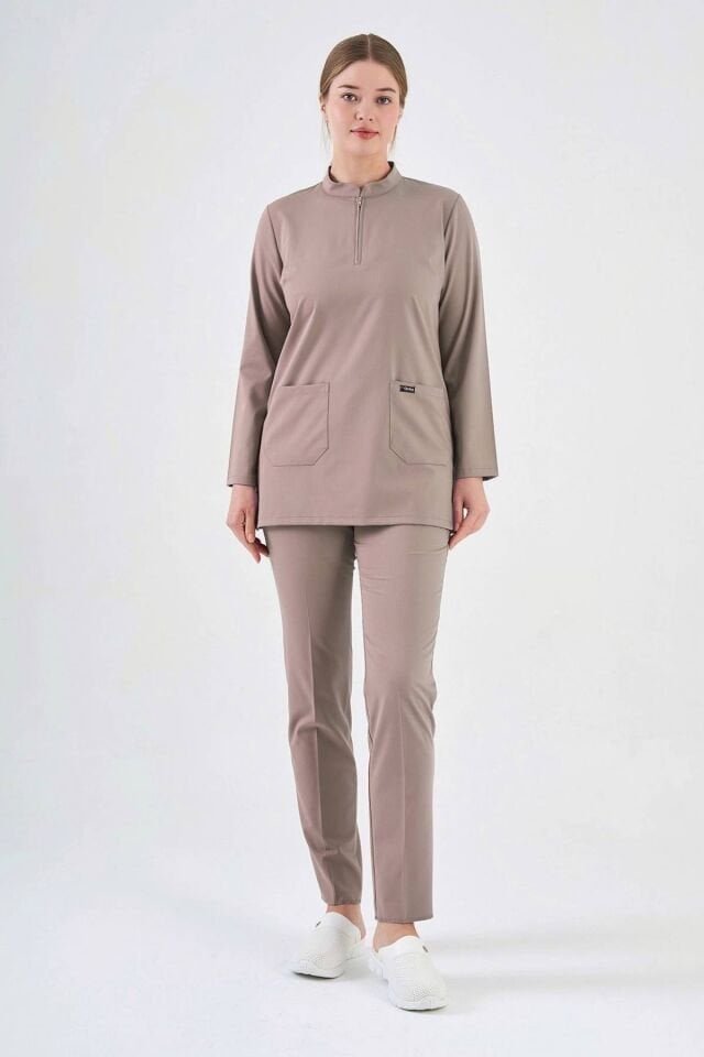 Likralı Açık Vizon Tunik Boy Takım