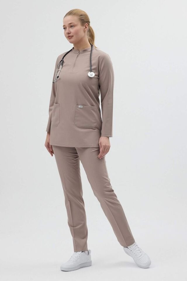 Likralı Açık Vizon Tunik Boy Takım