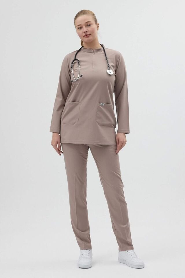 Likralı Açık Vizon Tunik Boy Takım