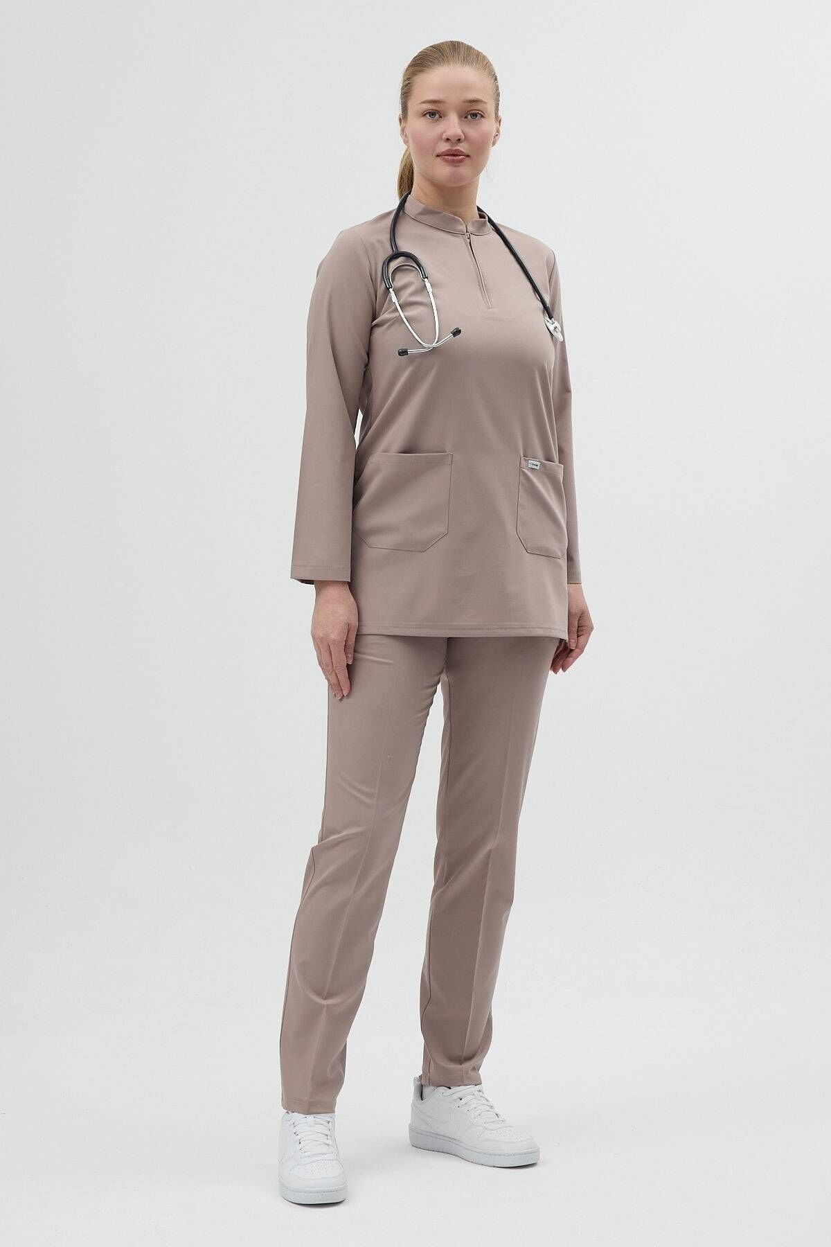 Likralı Açık Vizon Tunik Boy Takım