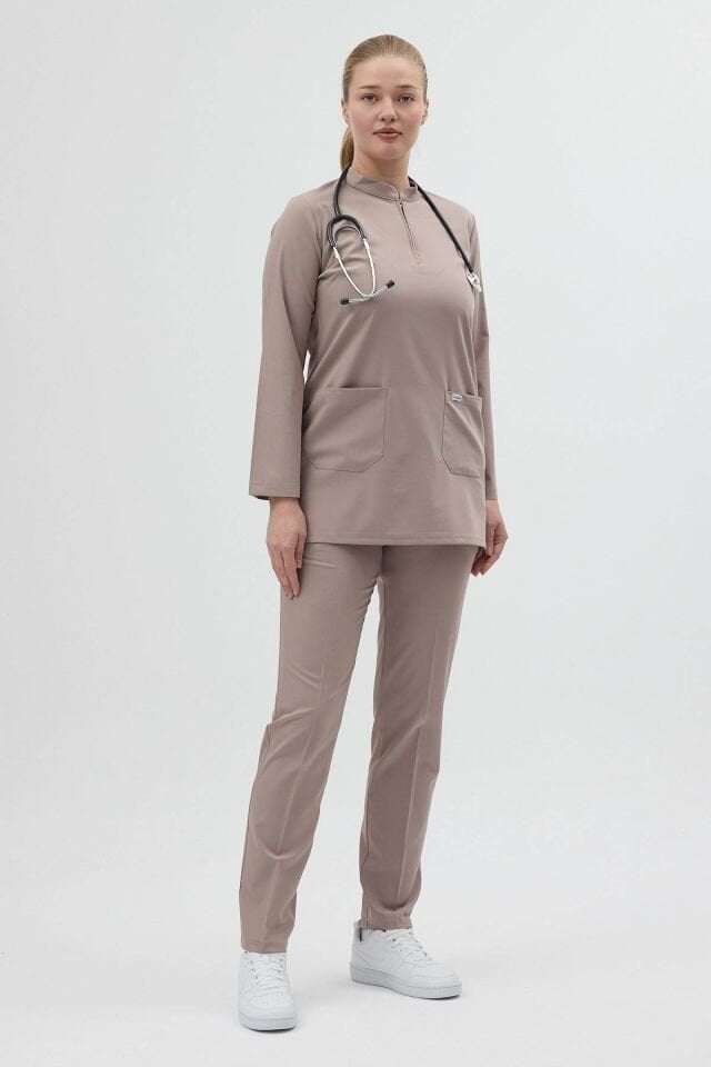 Likralı Açık Vizon Tunik Boy Takım