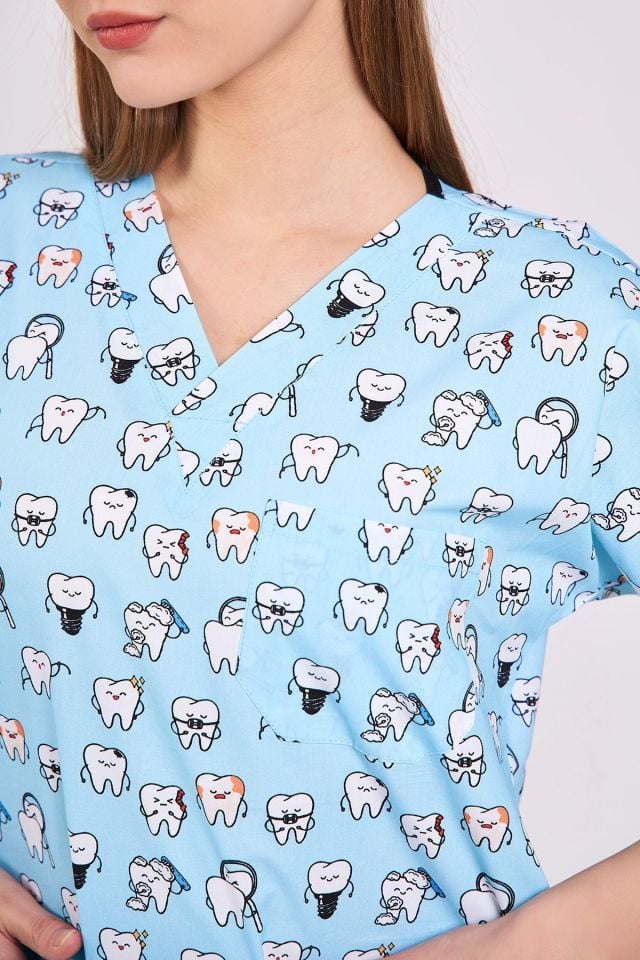 Diş Desenli Mavi Cerrahi Forma Üst