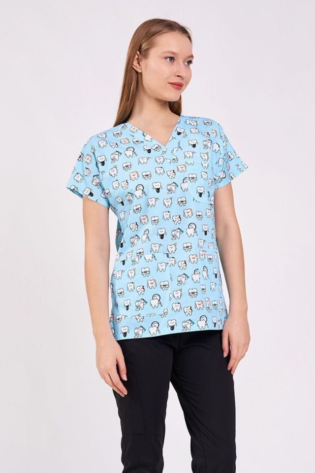 Diş Desenli Mavi Cerrahi Forma Üst