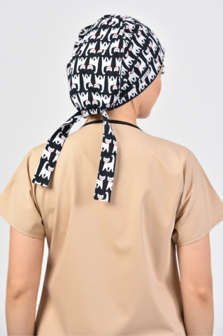 Kedi Desenli Siyah Cerrahi Tesettür Bone