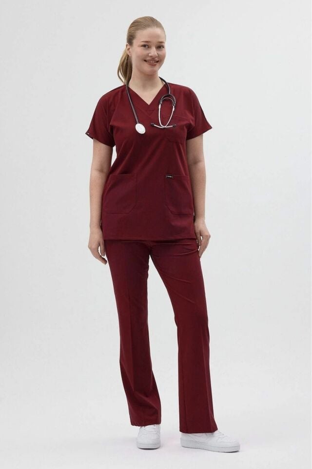 Bordo Tunik Boy Kısa Kol Çan Paça Scrubs