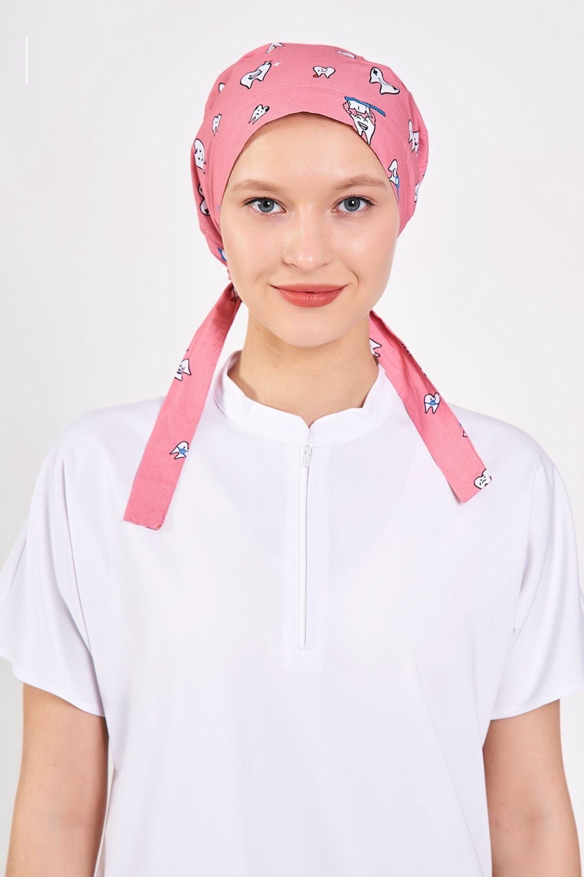 Tooth Pattern Powder Pink Surgical Hijab Bonnet