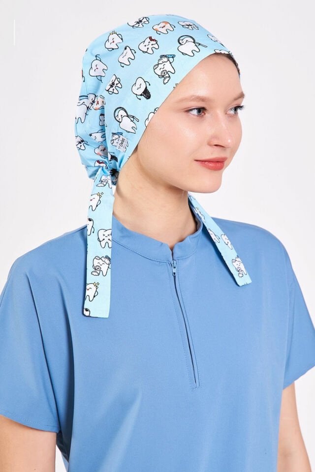 Diş Desenli Mavi Cerrahi Tesettür Bone