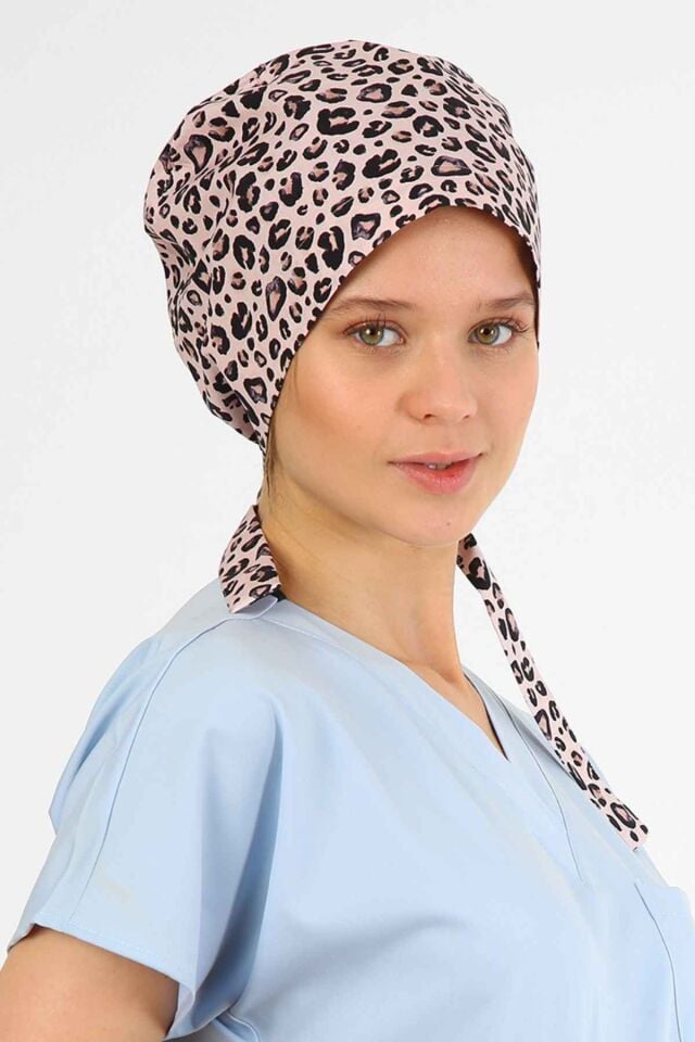 Leopard Print Powder Pink Surgical Hijab Bonnet