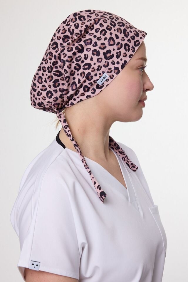 Leopard Print Powder Pink Surgical Hijab Bonnet