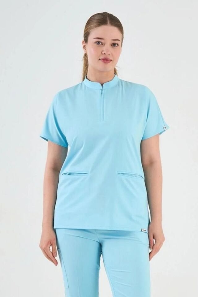 Likralı Fermuarlı Buz Mavisi Tek Üst