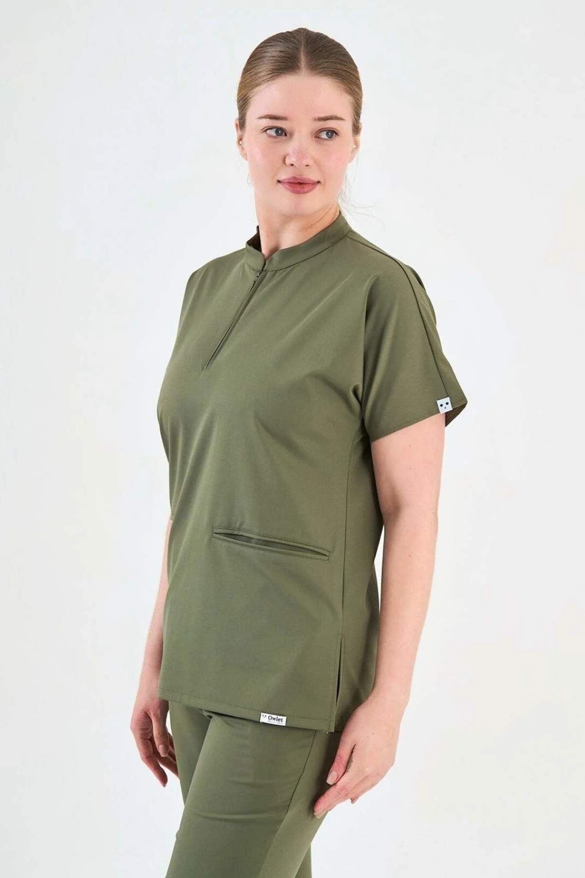 Likralı Fermuarlı Asker Yeşili Tek Üst