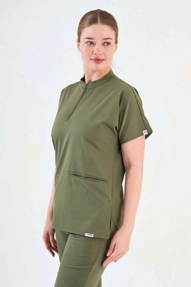 Likralı Fermuarlı Asker Yeşili Tek Üst