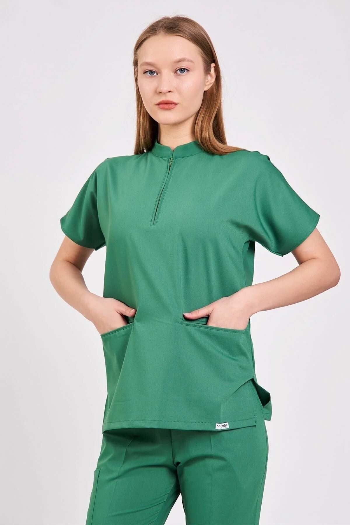 Likralı Fermuarlı Çim Yeşili Tek Üst