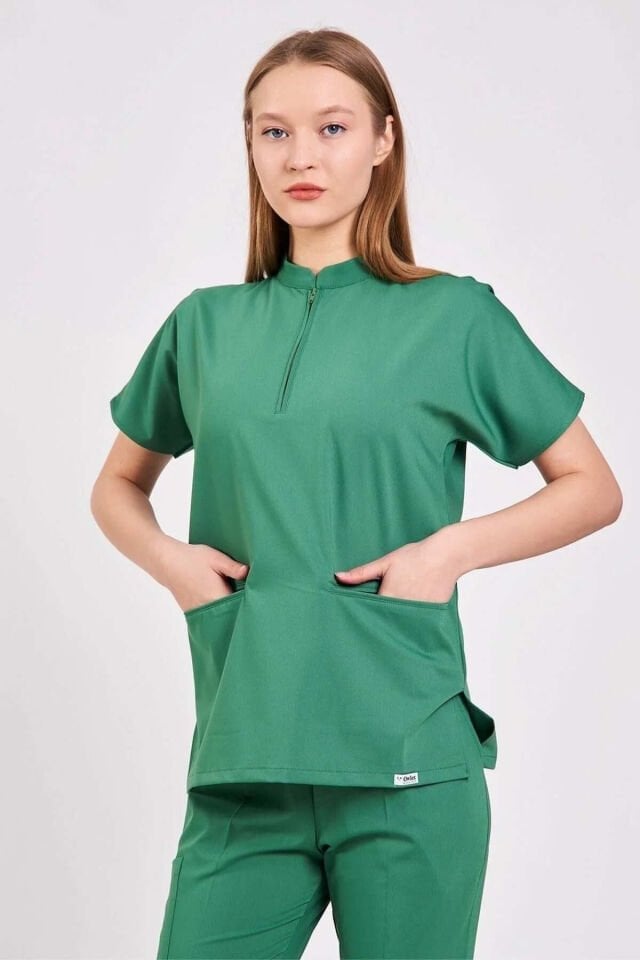 Likralı Fermuarlı Çim Yeşili Tek Üst