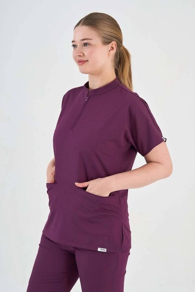 Likralı Fermuarlı Mürdüm Tek Üst