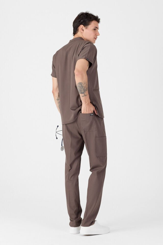 Likralı Çikolata Kahve Fermuar Detaylı Scrubs