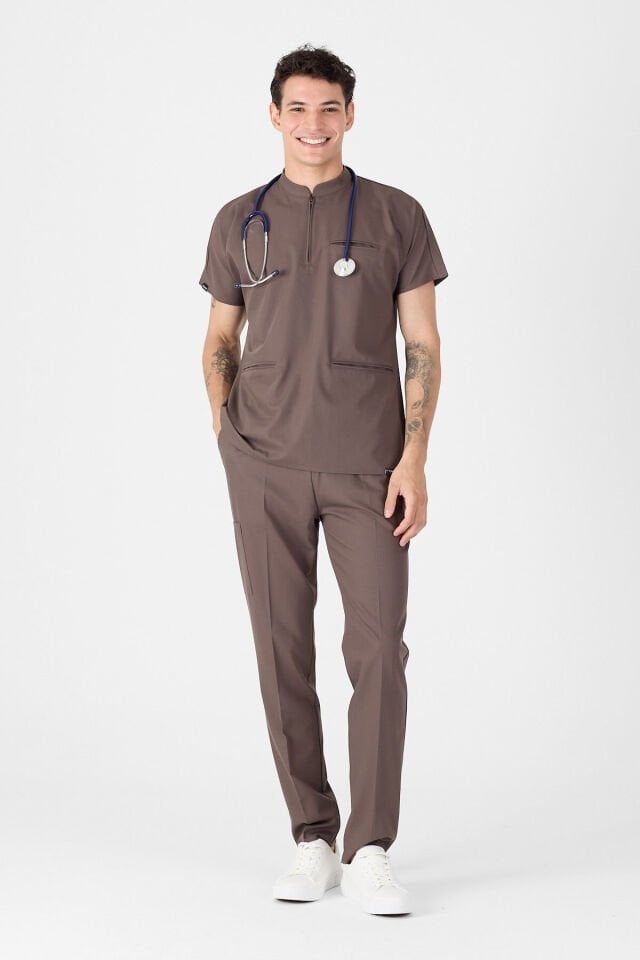 Likralı Çikolata Kahve Fermuar Detaylı Scrubs - Owlet Medikal