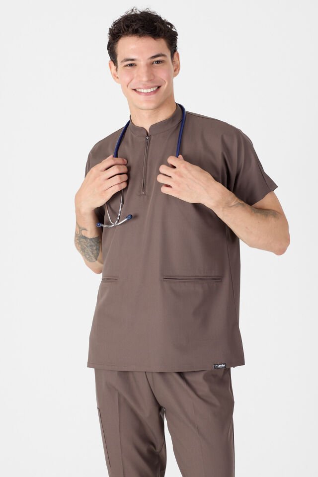 Likralı Çikolata Kahve Fermuar Detaylı Scrubs