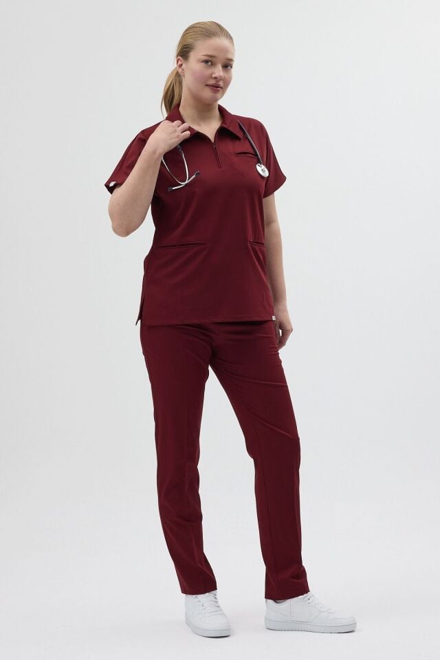 Likralı Bordo Polo Yaka Scrubs - Owlet Medikal